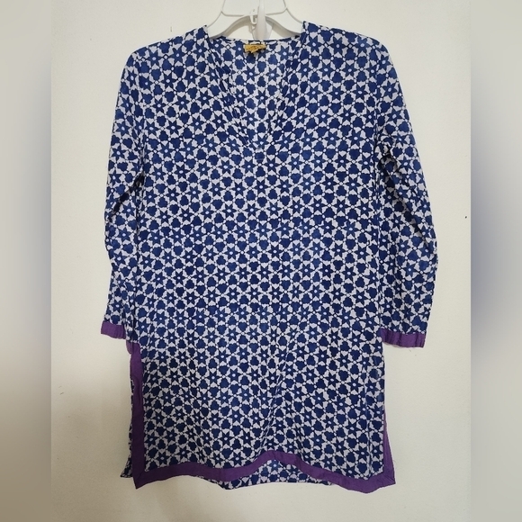 Roberta Roller Rabit Blue w/White Flowers 3/4 Sleeves 100% Cotton Tunic Top XS - Picture 1 of 10
